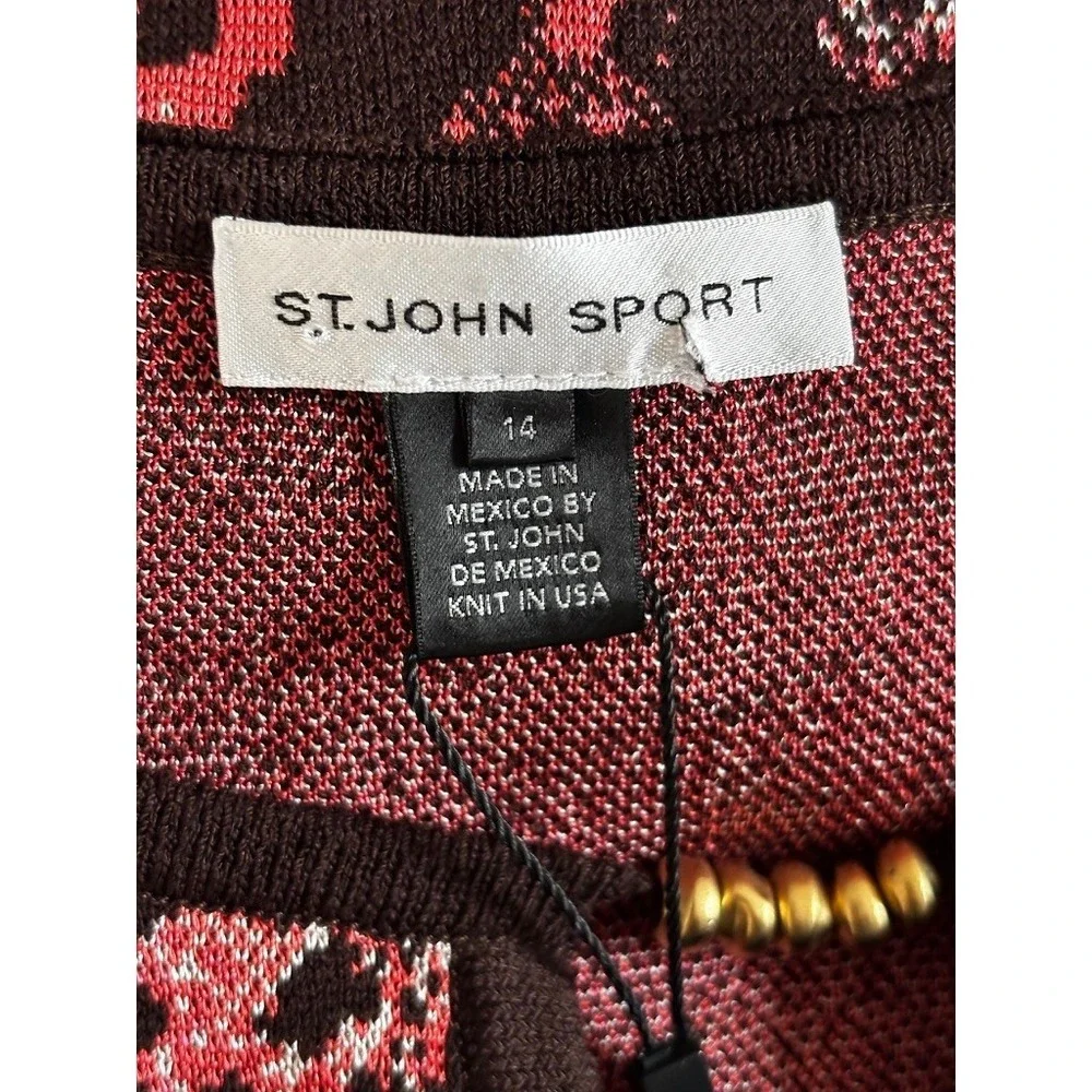 St‎ John Sport Knit Dress Size 14 Multi Leopard Print Knit VNeck Gold Detail NWT